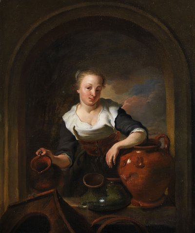 Young Girl with Jugs in a Stone Window Frame by Louis de Moni